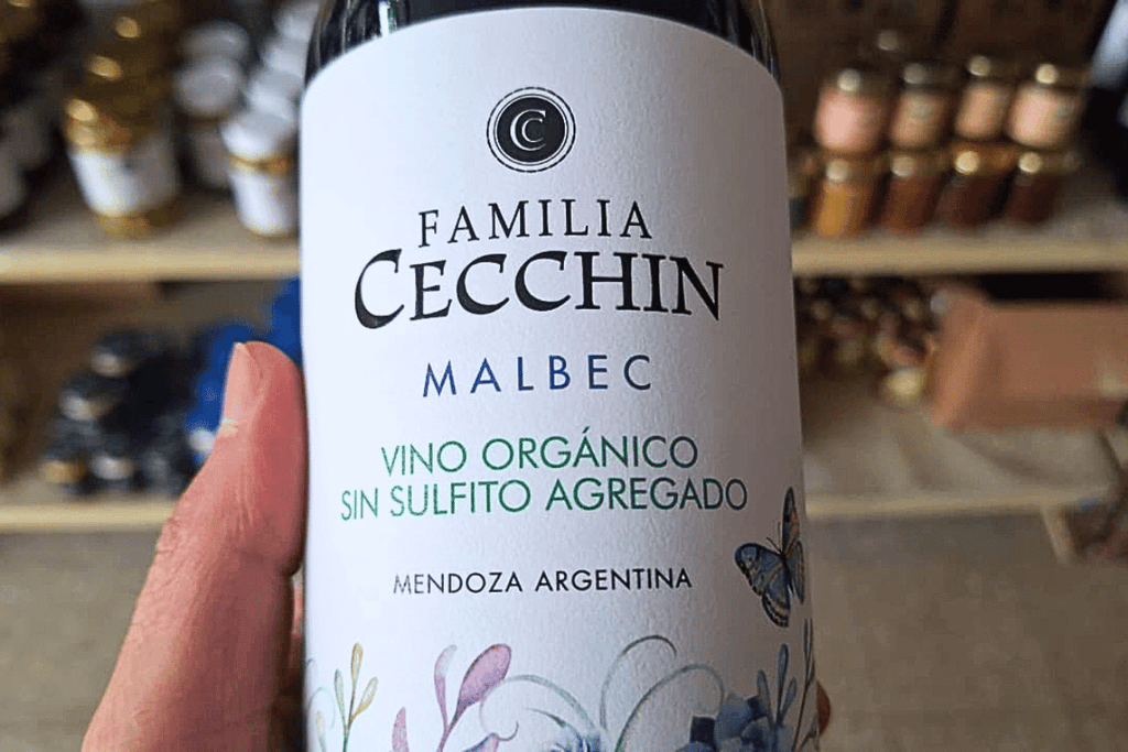 Botella de vino orgánico Malbec Familia Cecchin sin sulfito agregado.
